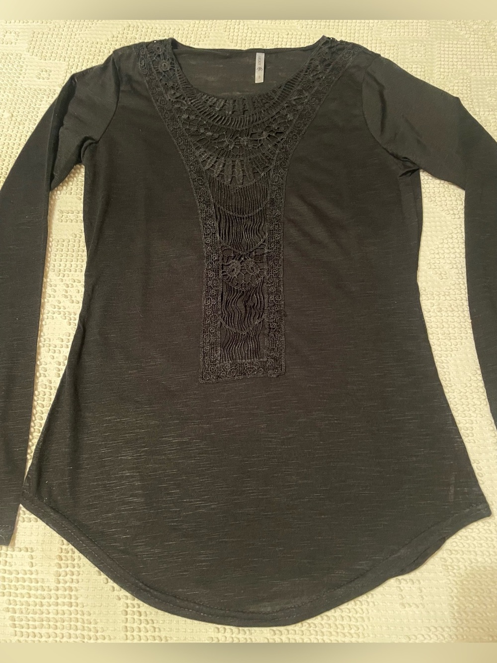 Vintage Lucky Brand Black Long-Sleeve Knit Top + Crochet Panel Neckline - Small